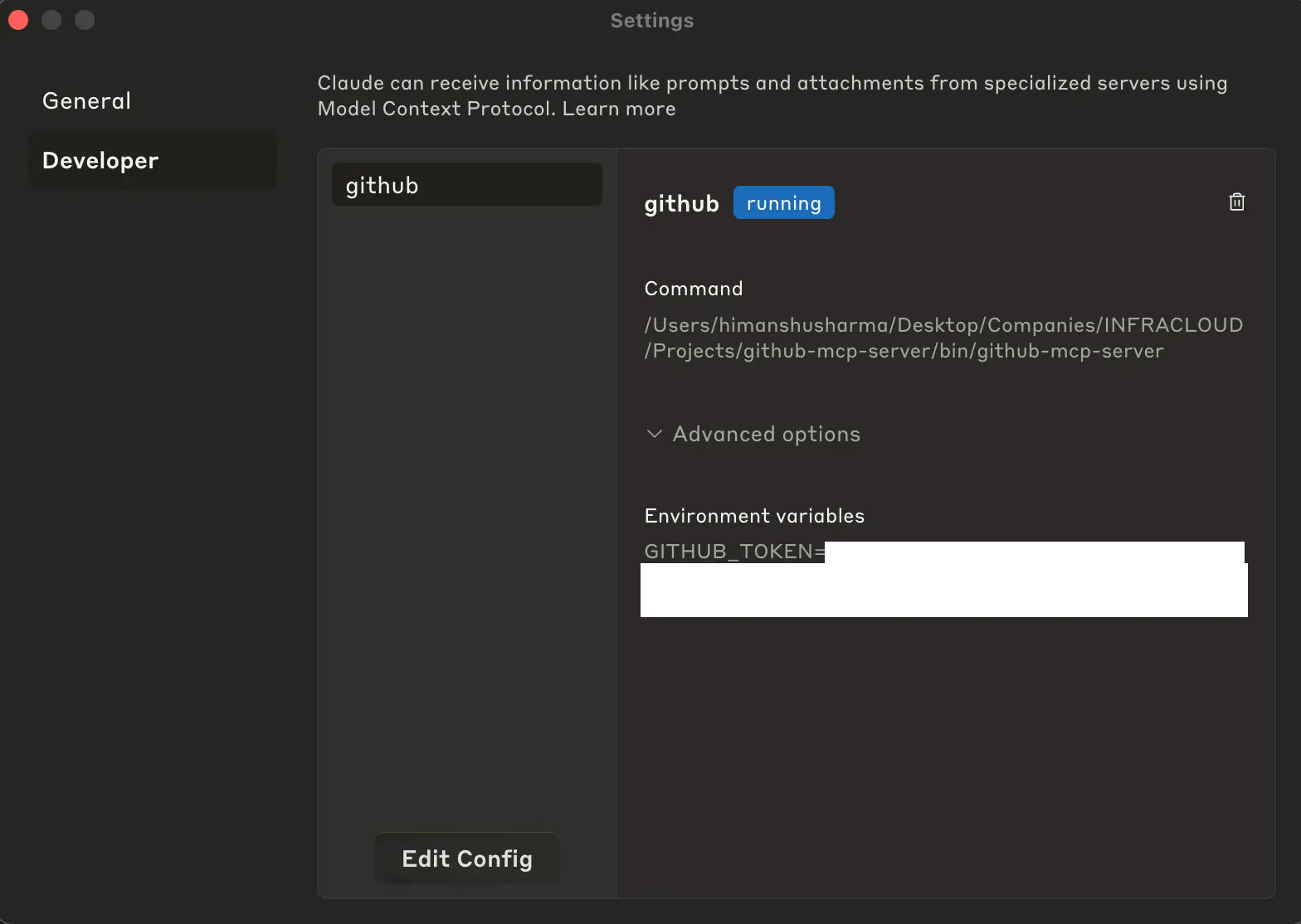 Developer Settings of Claude Desktop to check the configuration