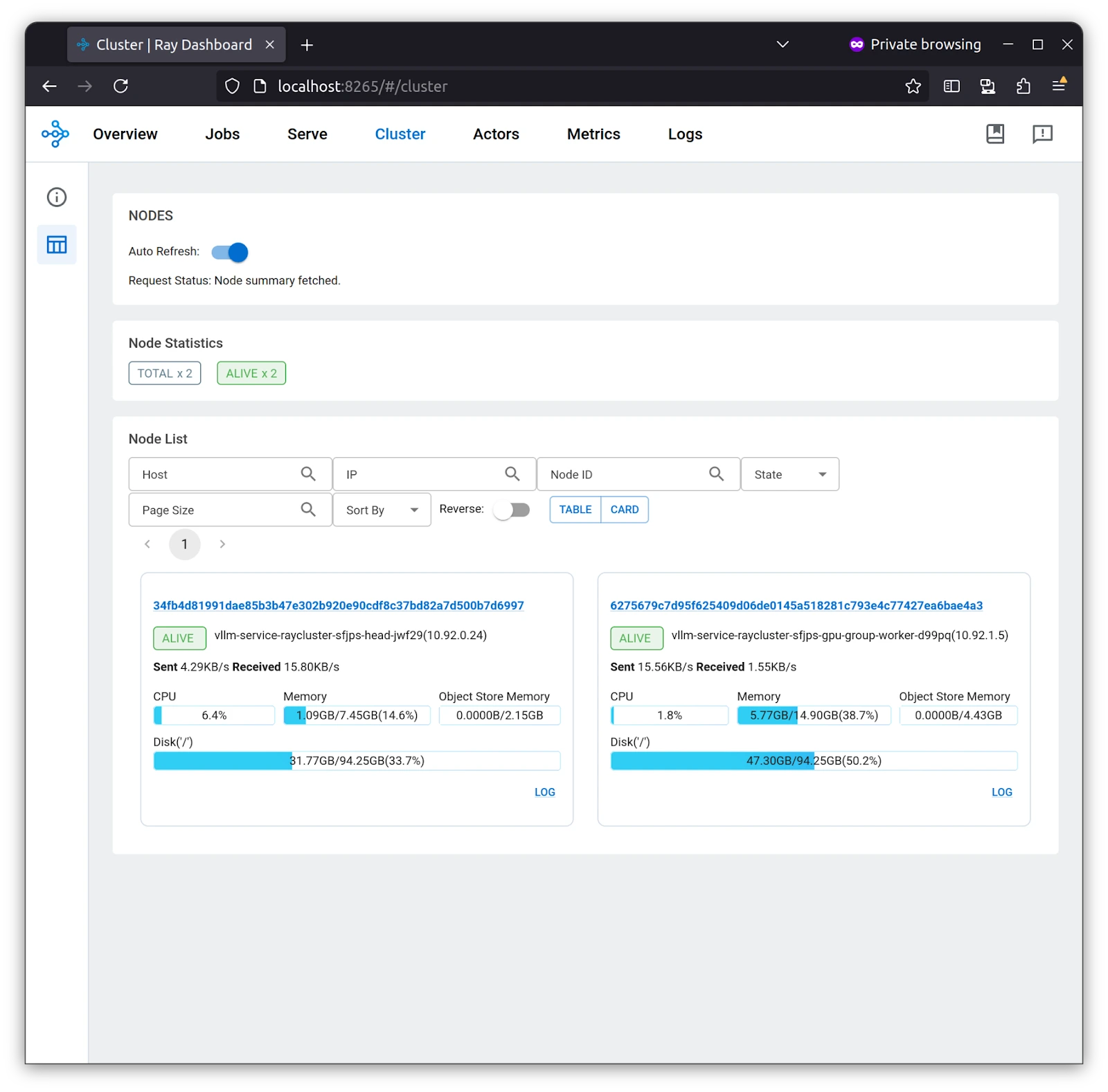 Cluster Ray Dashboard