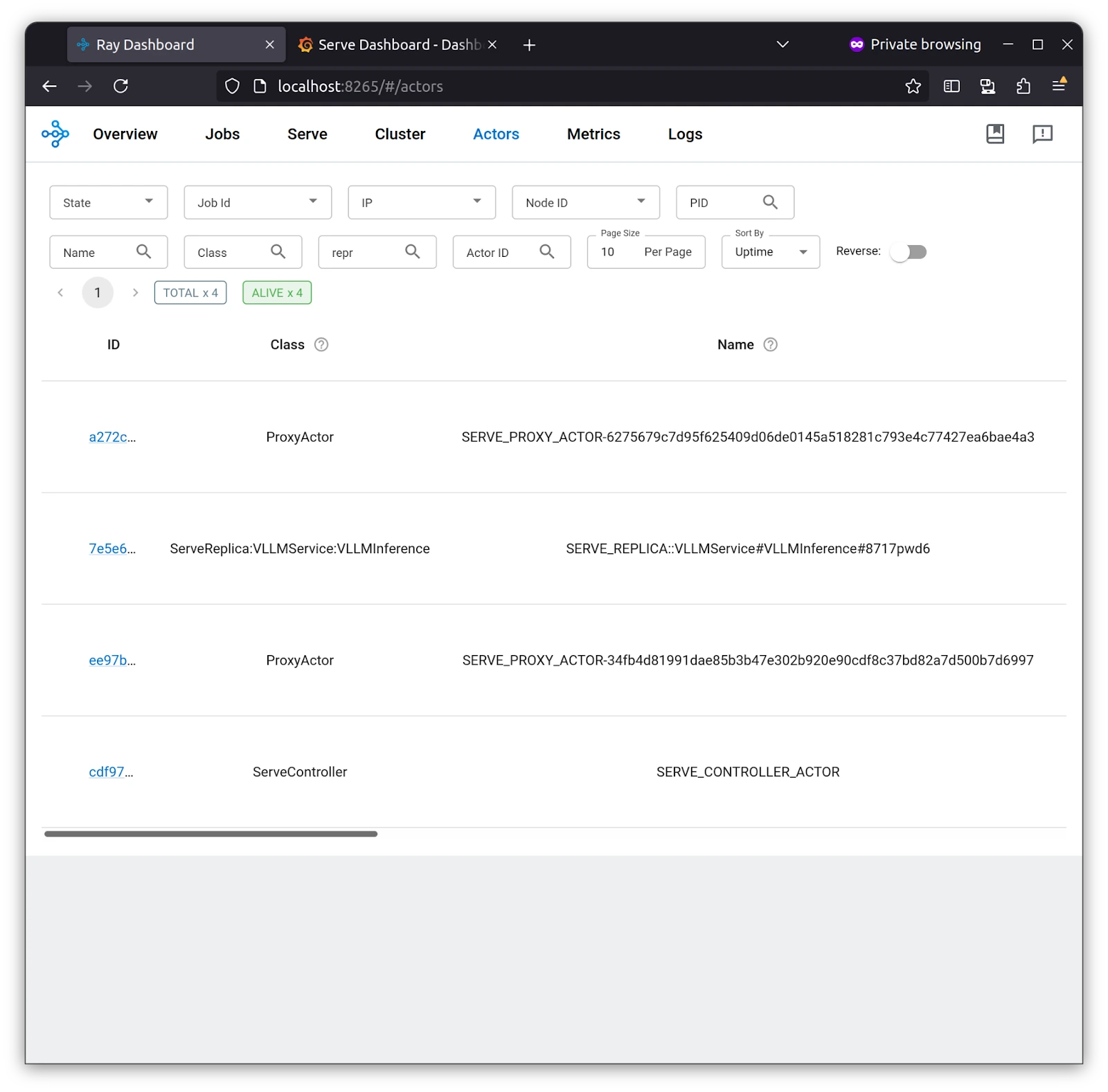 Logs in Ray Dashboard under Actors