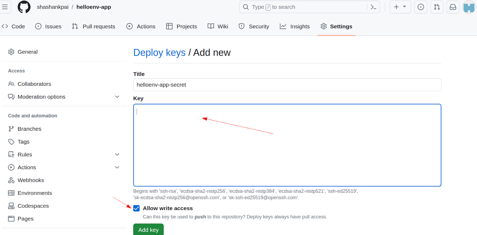 Deploy keys page