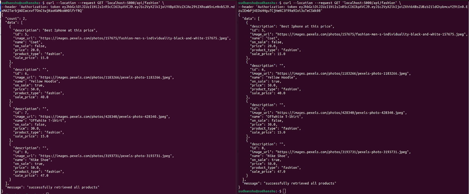 API response comparision for two users