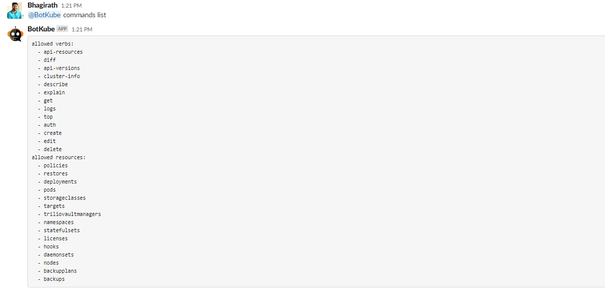 BotKube commands list