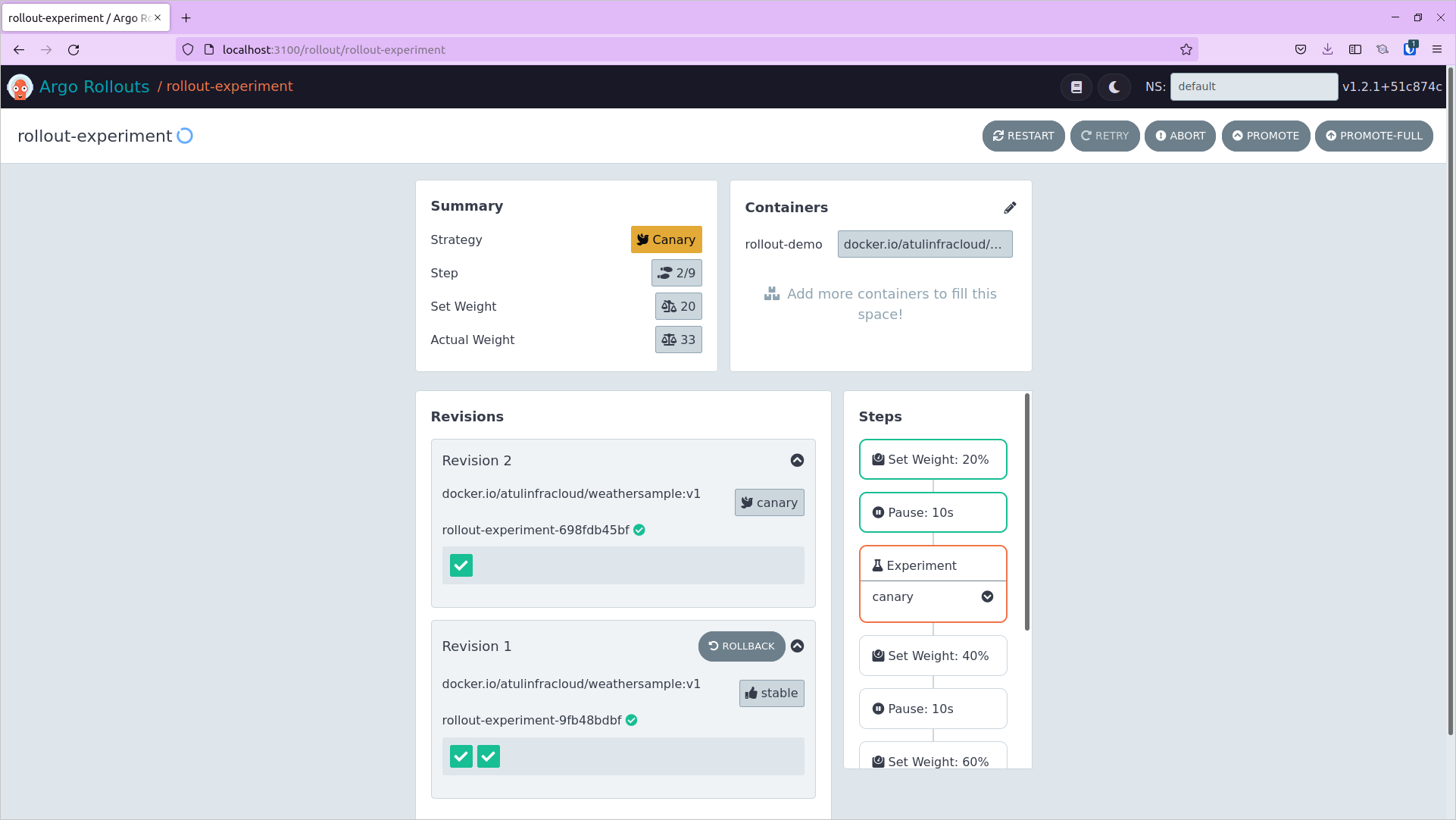 Argo Dashboard with experiments status