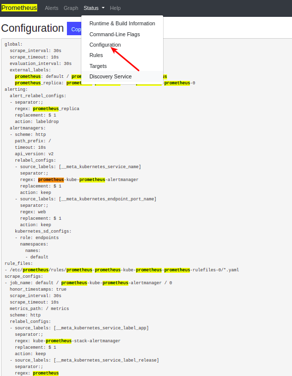 Prometheus web UI showing configuration