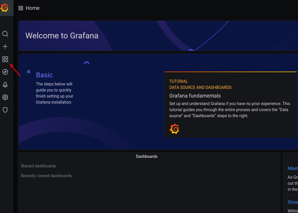 Grafana welcome screen