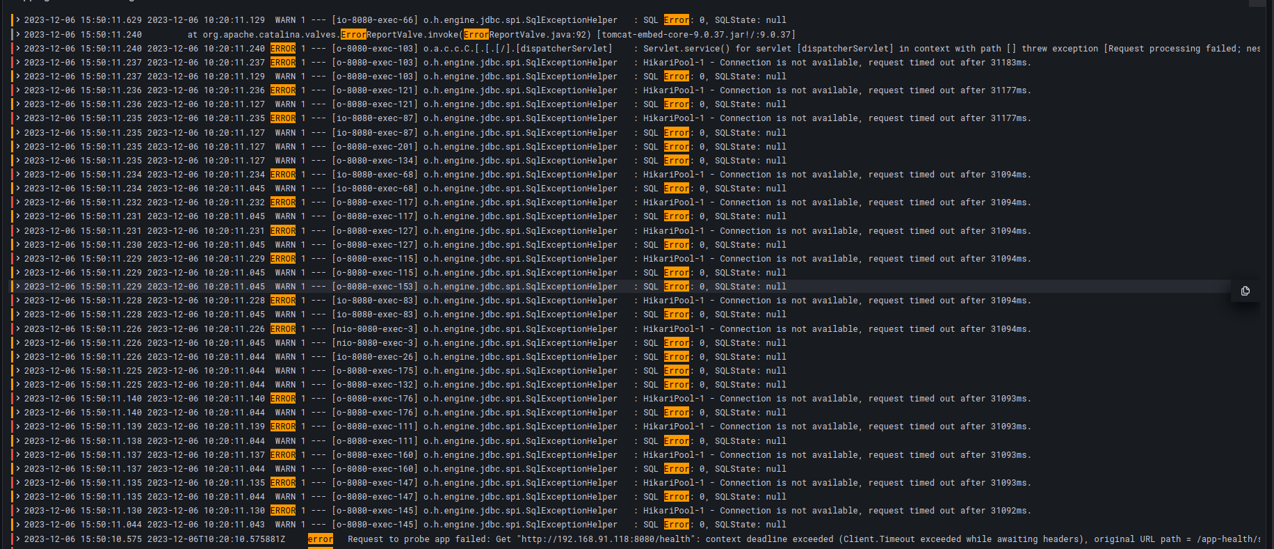 Shipping service logs showing JDBC connection timeouts via Loki Logs