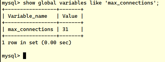 MySQL query output showing max_connections