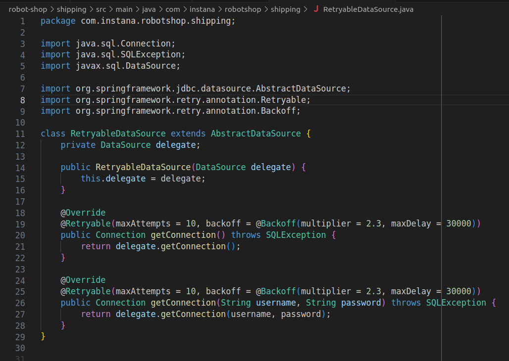 Code snippet showing shipping service JDBC connector function