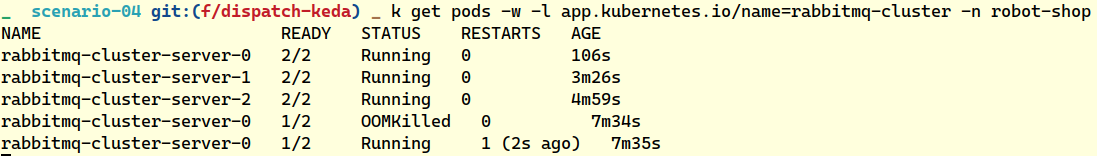 Terminal screenshot showing rabbitmq pods getting OOMKilled due to load