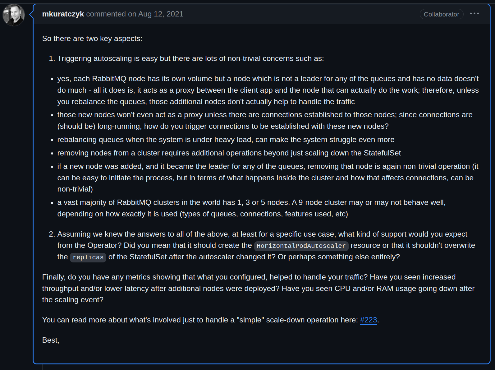 Github Issue Screenshot showing maintainer of rabbitmq/cluster-operator commenting on why high-availability and autoscaling are out-of-scope of the operator's design.