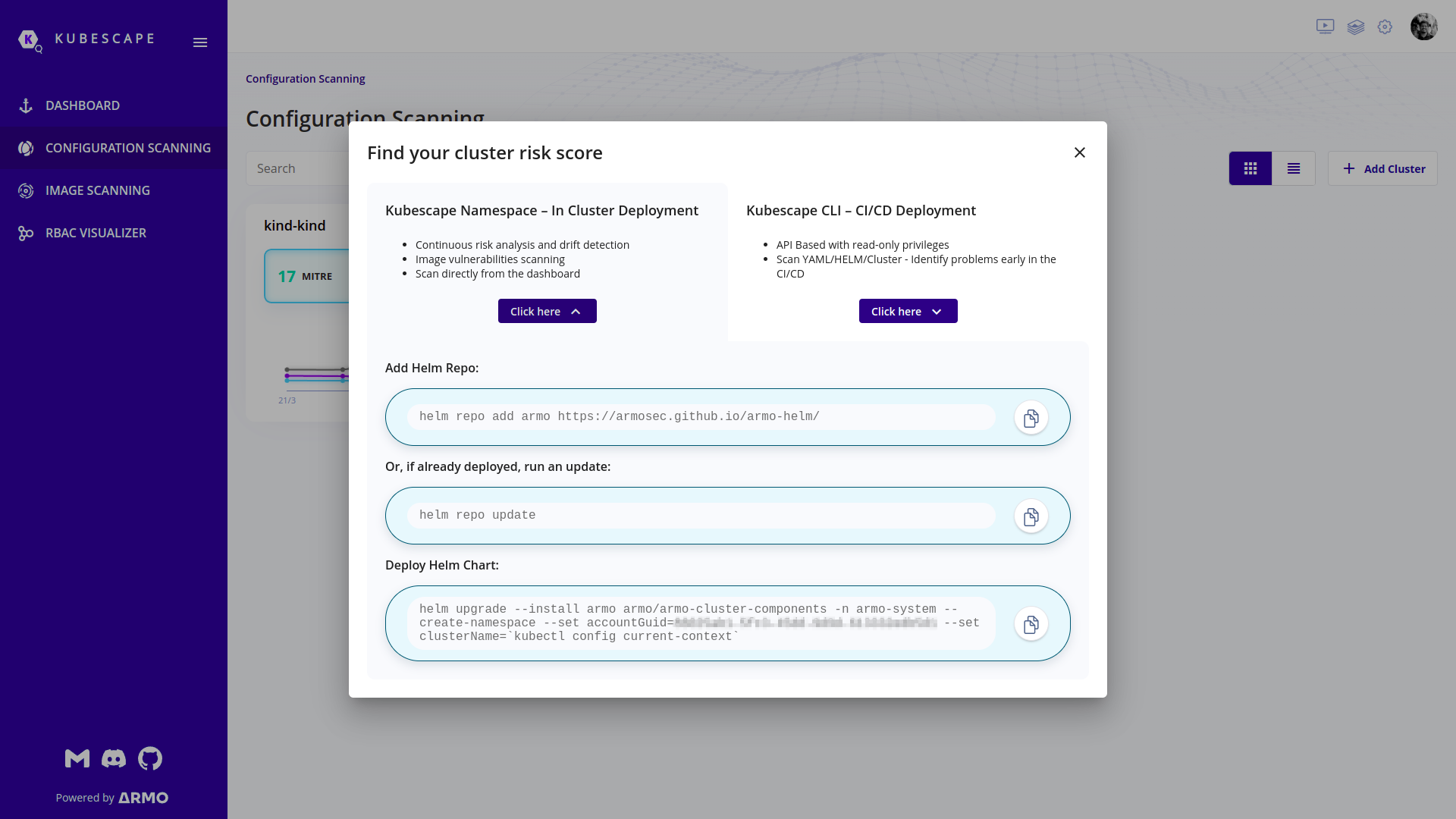 Kubescape Web UI showing command line instructions to install Kubescape