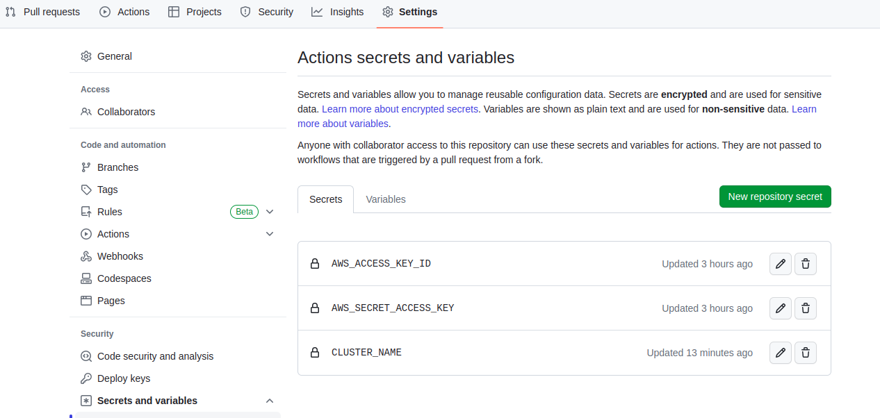 Create secrets in Github