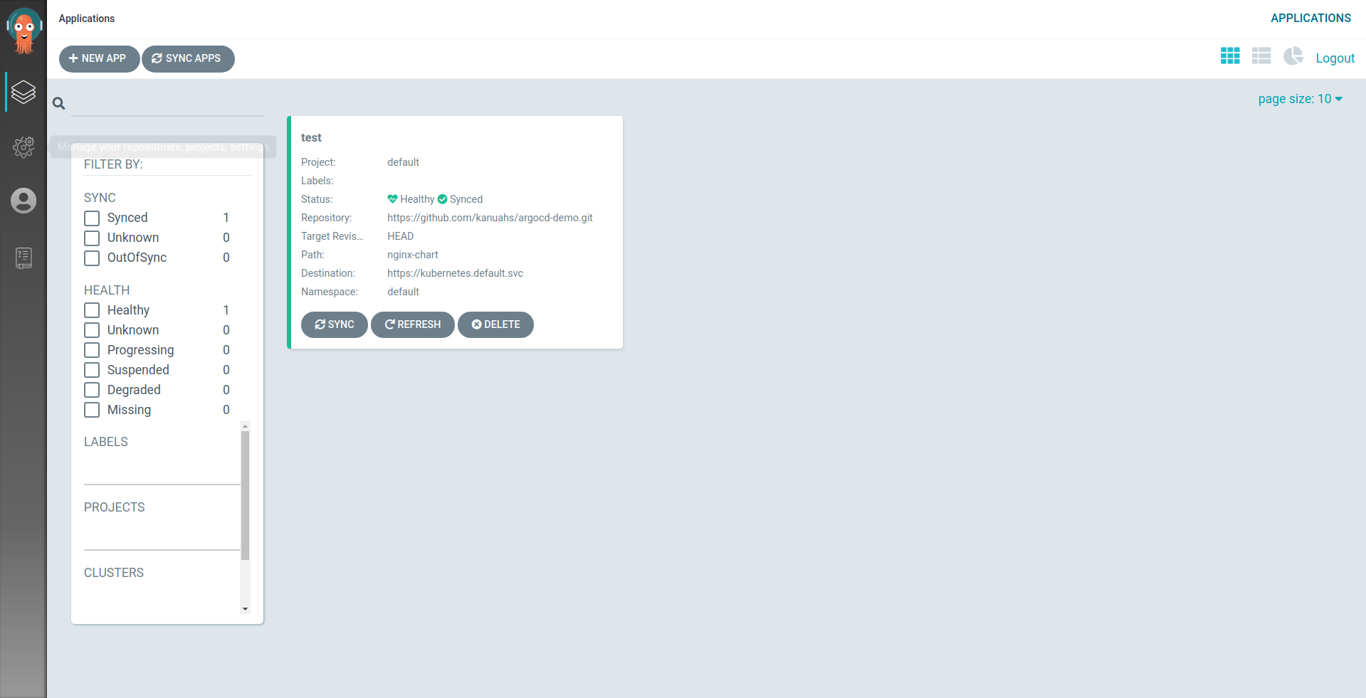 ArgoCD Applications Page with one Application
synced