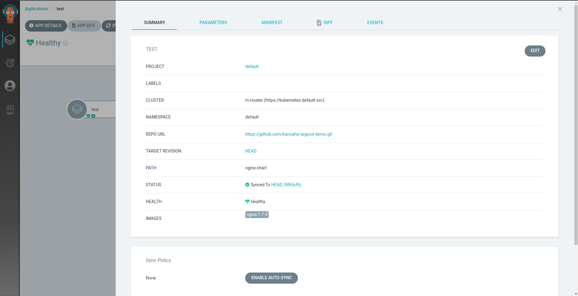 ArgoCD application details page with summary panel
open